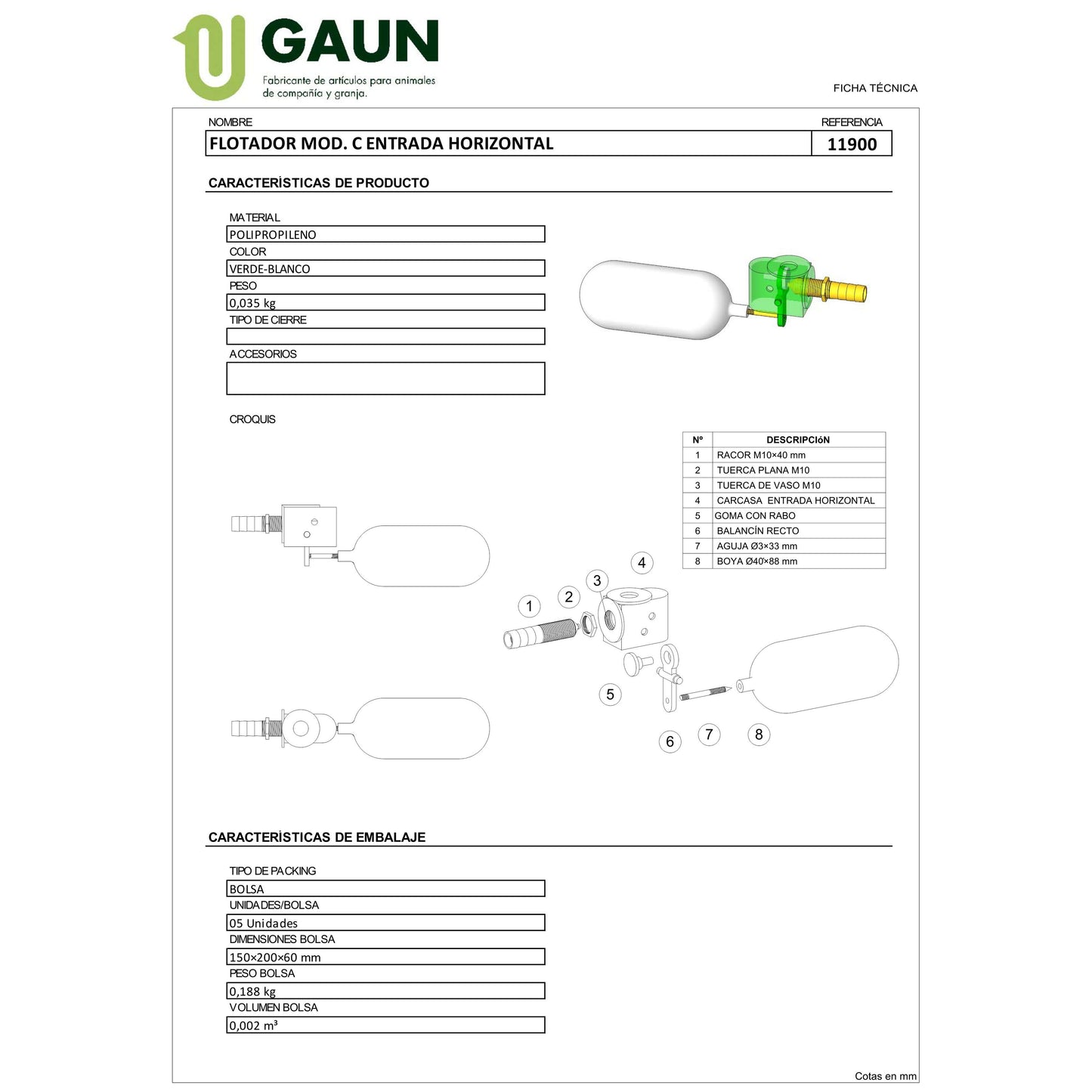 FLOTADOR MODELO C ENTRADA HORIZONTAL
