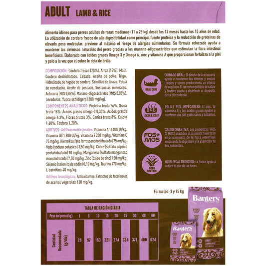 BANTERS DOG ADULT LAMB&RICE 3KG.