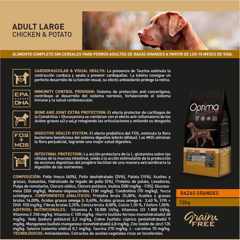 OPTIMA NOVA ADULT LARGE POLLO PATATA 12 KG.