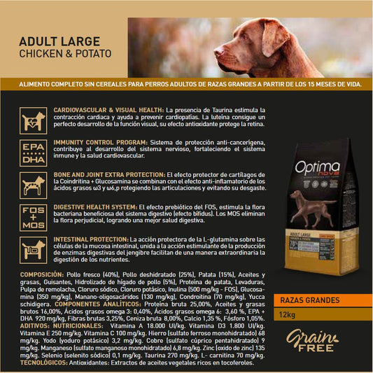 OPTIMA NOVA ADULT LARGE POLLO PATATA 12 KG.
