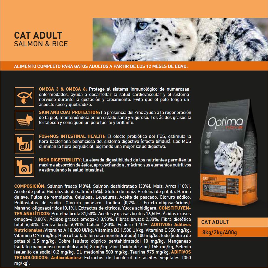 OPTIMA NOVA CAT ADULT SALMON RICE 2 KG.**